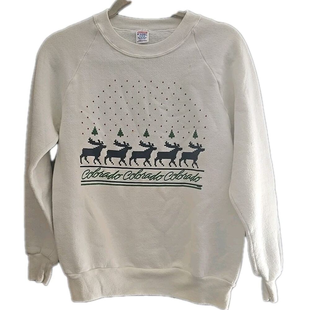 Vtg 90's Jerzees White Colorado Graphic Reindeer Sweatshirt Womans Medium